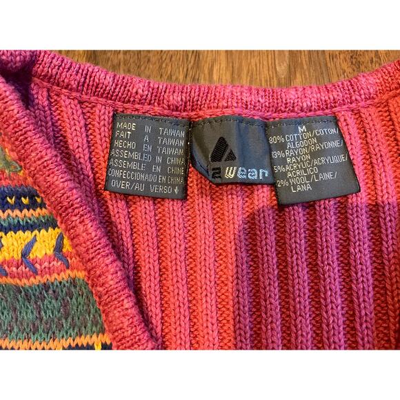 Lizwear Medium Blue Pink Knit Sweater Vest Geometric Pattern Cotton Wool Cottage - Picture 5 of 7